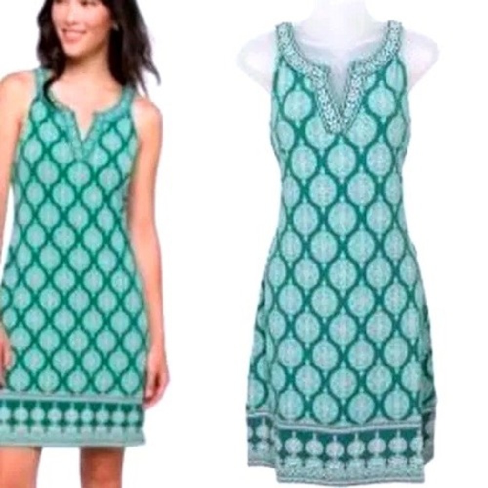 Magnolia Grace Teal Green White Medallion Print V Neck Sleeveless Dress Size L‎